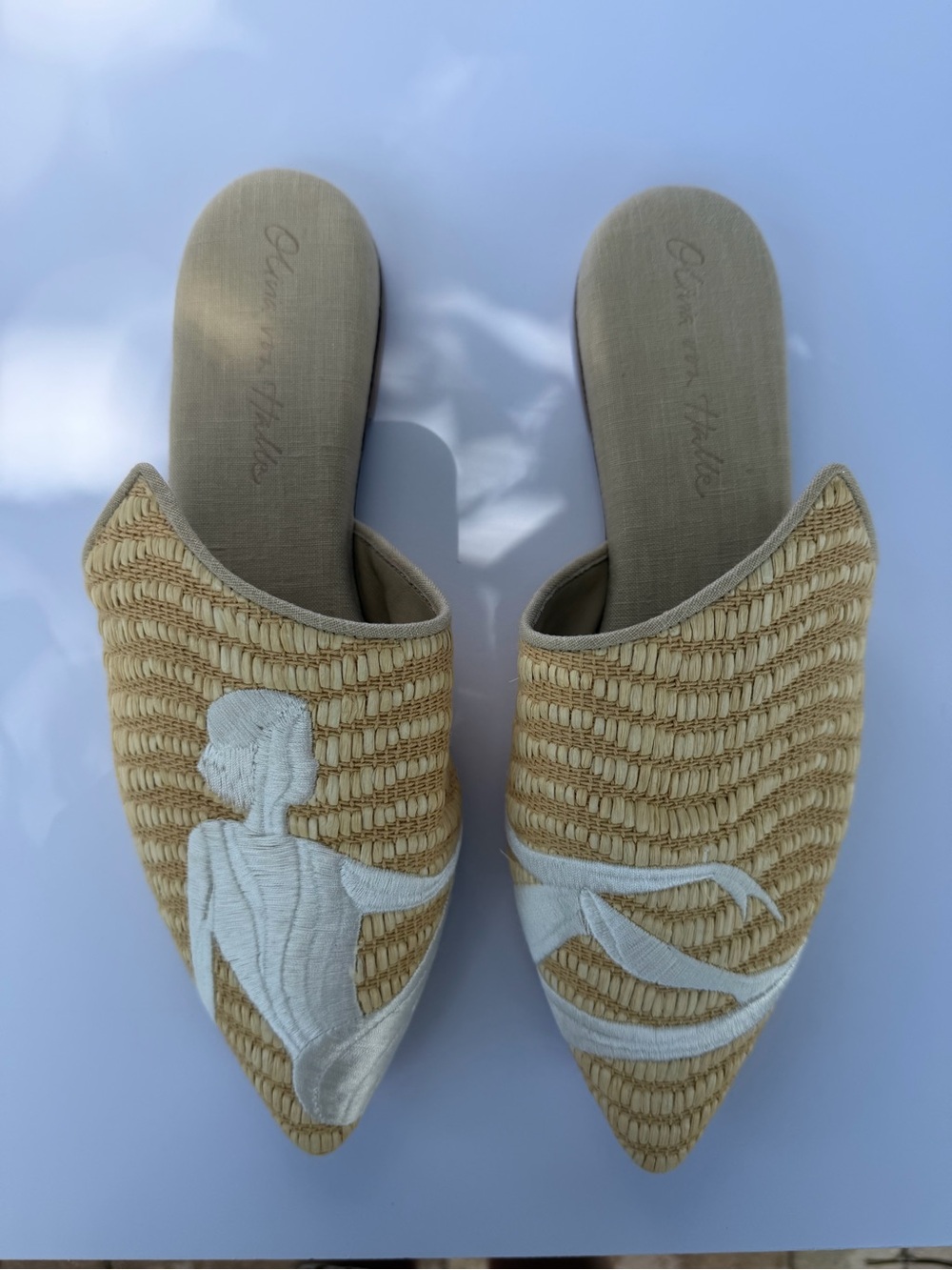Hand-Embroidered Beige Woven Pointed Mule - Women